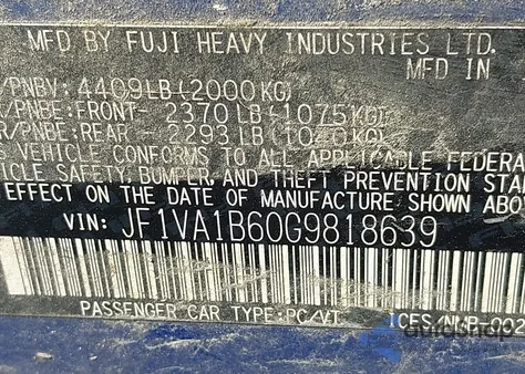 2016 Subaru Wrx from USA, damaged, VIN JF1VA1B60G9818639